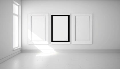 Empty three white-black frames on a white wall in the room. Mockup