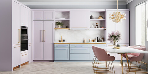 Fototapeta premium generative ai illustration of a pastel colored kitchen mock up