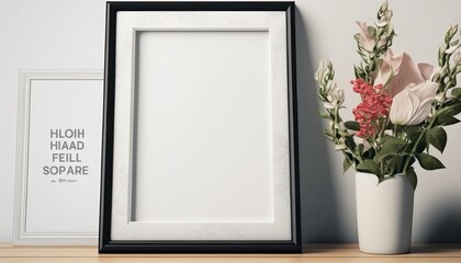 Empty frame on the background of the wall and the table, with a vase and flowers. Mockup