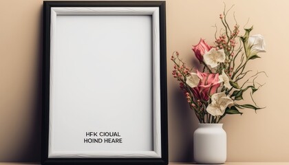 Empty frame on the background of the wall and the table, with a vase and flowers. Mockup