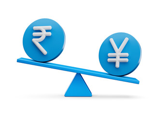 3d White INR and Yen Symbol On Rounded Blue Icons With 3d Balance Weight Seesaw, 3d illustration