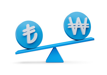 Obraz premium 3d White Lira and Won Symbol On Rounded Blue Icons With 3d Balance Weight Seesaw, 3d illustration