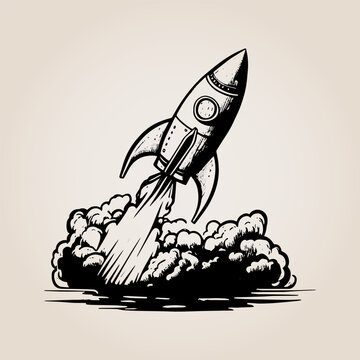 A vintage-style engraved sketch of a rocket