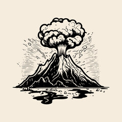 A vintage engraving style sketch of a volcano