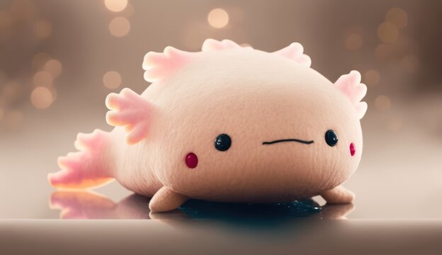 Cute plush toy axoloti, sits, soft warm lighting, background blur