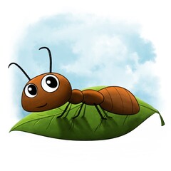 Ant cartoon illustration, for kids, in storybook and watercolor style.	