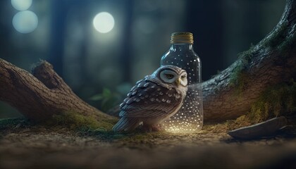 Fototapeta na wymiar an owl sitting on a tree branch next to a glass bottle with a light inside of it on a mossy ground in a forest. generative ai