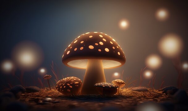 a group of mushrooms sitting on top of a dirt field next to a forest filled with trees and grass at night time with lights shining on the mushrooms.  generative ai