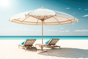 beach with lounge chairs and sunbeds waiting for vacationers to swim and chill in refreshing sea waters