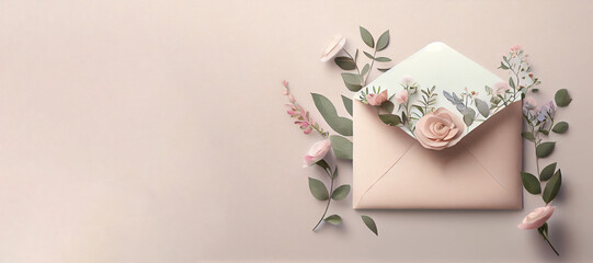 Pink envelope with flowers with copy space, flat lay, top view created with AI