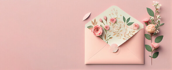 Pink envelope with flowers with copy space, flat lay, top view created with AI