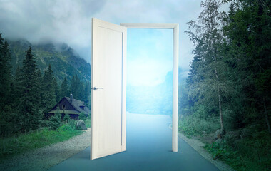 Open door on countryside road in mountain forest