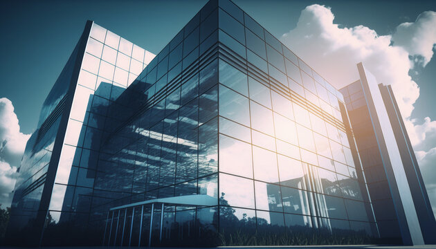 modern glass office building with a cloudy sky behind it, dark and brooding design with the sunlight hitting one side, small canopy at front 