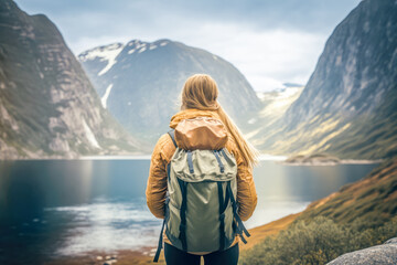A backpacking tourist girl sitting by a tranquil fjord, taking in the natural beauty around her. She's surrounded by mountains, forests, and crystal-clear water. AI generative - obrazy, fototapety, plakaty