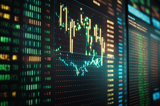 Big control center with business graphs showing key process indicators for finances, stock market and process efficiency, data analysis concept, generative AI