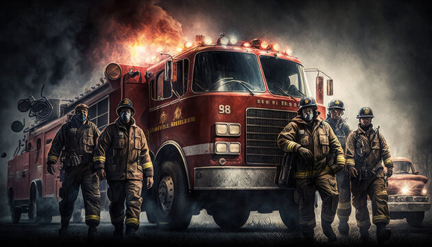 a firefighter crew in front of a fire engine, smoky atmosphere, created with generative ai tools
