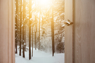 View on snowy forest through open door - Powered by Adobe