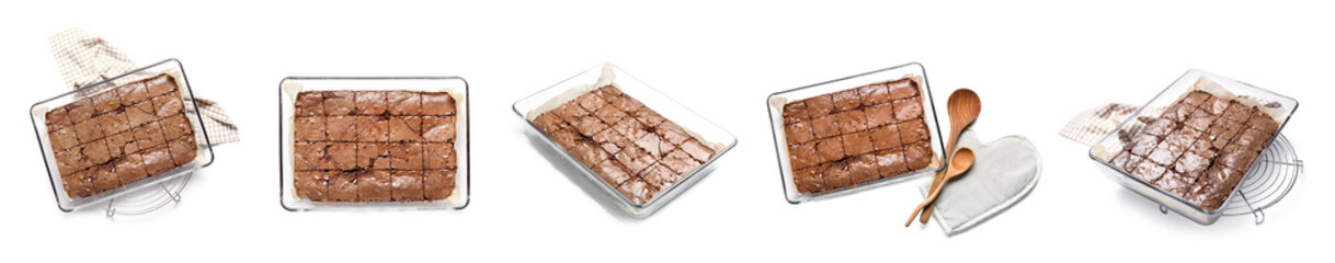 Collage of baking dish with tasty chocolate brownie isolated on white