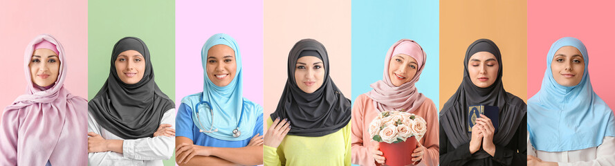 Set of Muslim women on color background