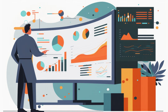 Big control center with business graphs showing key process indicators for finances, stock market and process efficiency, data analysis concept, generative AI