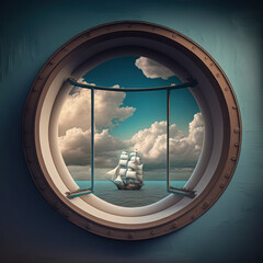 Fototapeta na wymiar a dreamlike surrealist view through a porthole of an old wooden sailing ship sailing on clear seas, on a nice day with white clouds. created with generative ai tools.