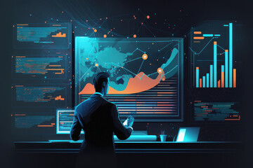Fototapeta premium Big control center with business graphs showing key process indicators for finances, stock market and process efficiency, data analysis concept, generative AI