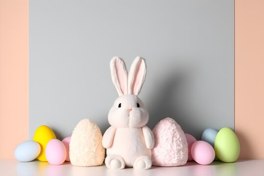Background of cute easter bunny, with easter eggs. Wallpaper illustration. Front view with copy space for text information or content. Concept of Easter, Festive greeting card. Generative AI. 