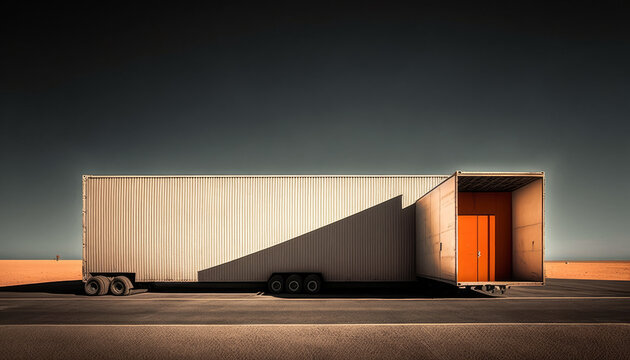 Freight Storage Container On Wheels, White And Orange, Located In An Open Area With Clear Sky. Created With Generative Ai Tools