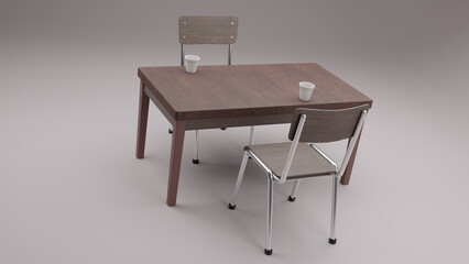 3d render table and chair with drink glass illustration on the white background