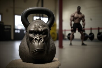 An unusual kettlebell gorilla's head in the gym. Kettlebell monkey.