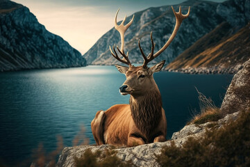 A deer sitting on a rocky mountain overlooking the sea. AI art