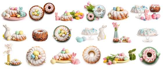Set of tasty Easter cakes, flowers and painted eggs on white background