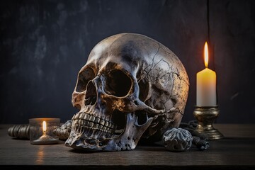 Human skull with candleson dark background with copy space. Concept of witchcraft dark magic.  - obrazy, fototapety, plakaty