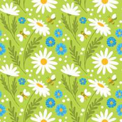 Fototapeta na wymiar Wildflower daisy and cornflowers, summer print on turquoise blue background. Seamless pattern, vector.