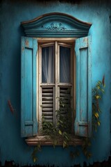 Obraz premium illustration, wooden window on the background of the house wall, ai generative
