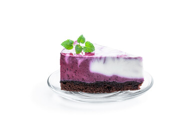Slice of fresh blueberry cheesecake isolated on white