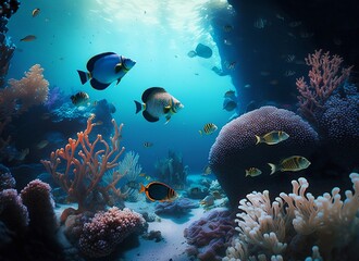 Fototapeta na wymiar Underwater Diving - Tropical Scene With Sea Life In The Reef, generative ai