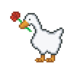 Fototapeta premium Goose with a flower, pixel art meme