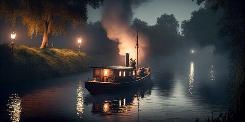 Illustration of Vintage fishing boats in the river during night time, AI-generated.	
