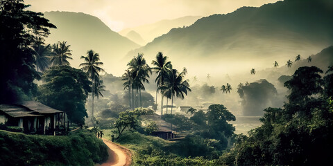 Illustration of panoramic view of Kerala, India landscape, AI Generated image.