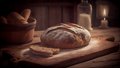 Fototapeta na wymiar loaf of bread on wooden background, food closeup