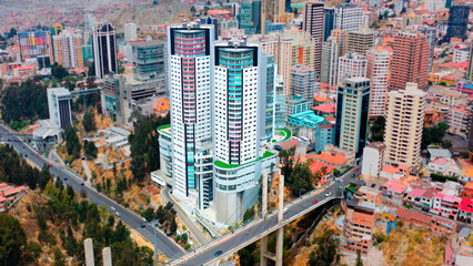 El Condominio Torres Del Poeta es la contrucción más grande de Bolivia, cuenta con 4 torres, 2 torres empresariales y 2 torres de departamentos. - obrazy, fototapety, plakaty