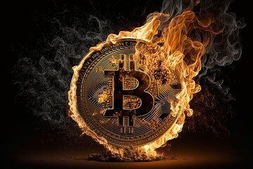illustration, bitcoin crypto currency burning under fire, generative ai