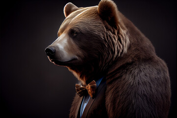 Portrait of a brown bear in a suit and a bow tie. Created with Generative AI technology.