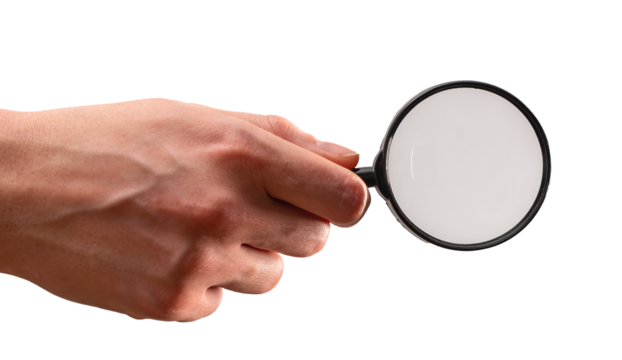 Hand holding magnifying glass lens, magnifier isolated on white background. Scrutiny, analysis, research, audit, checkup, quality control concept