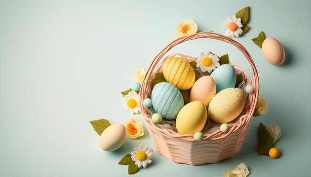 Background of colorful easter eggs in basket. Wallpaper illustration. Top view with copy space for text information or content. Concept of Happy Easter, festive greeting card. Generative AI.