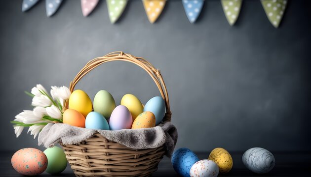 Background of colorful easter eggs in basket. Wallpaper illustration. Front view with copy space for text information or content. Concept of Happy Easter, festive greeting card. Generative AI.