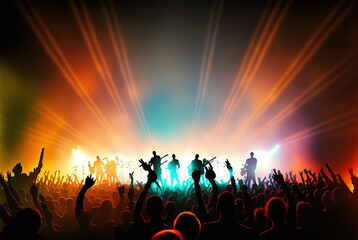 Illustration von einer Liveband im Konzert als Silhouette. Eine Band begeistert ihre Fans auf der Bühne. Rockkonzert - Generativ KI