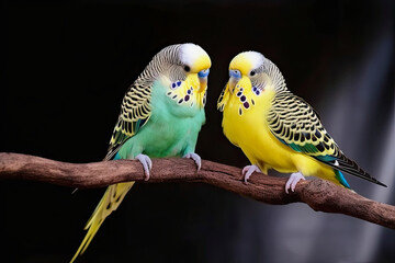 generative ai illustration of a cute budgie couple on a branch against dark background