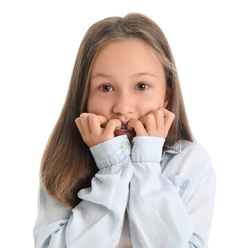 Little girl biting nails on white background, closeup